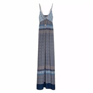 Zara Blue Patterned V-Neck Maxi Dress